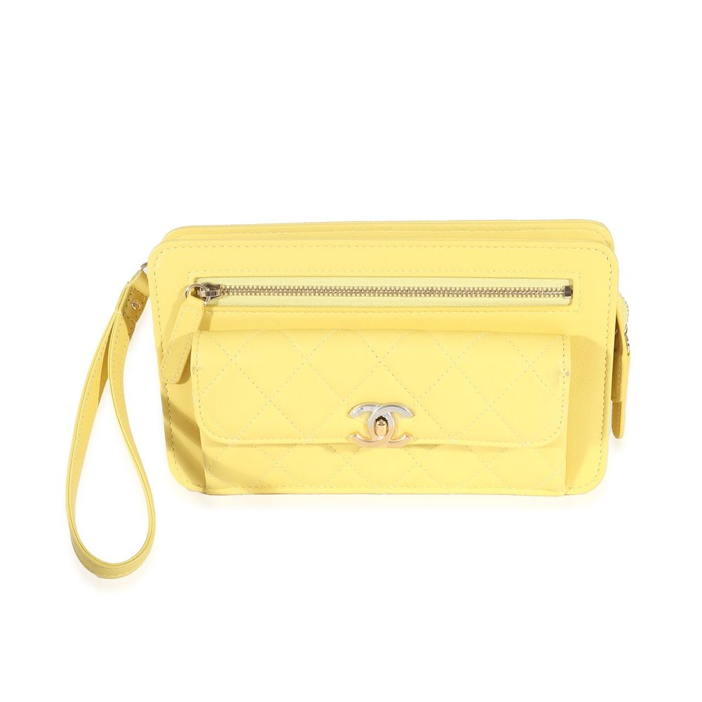 Chanel Yellow Lambskin Quilted Front Pocket Wristlet